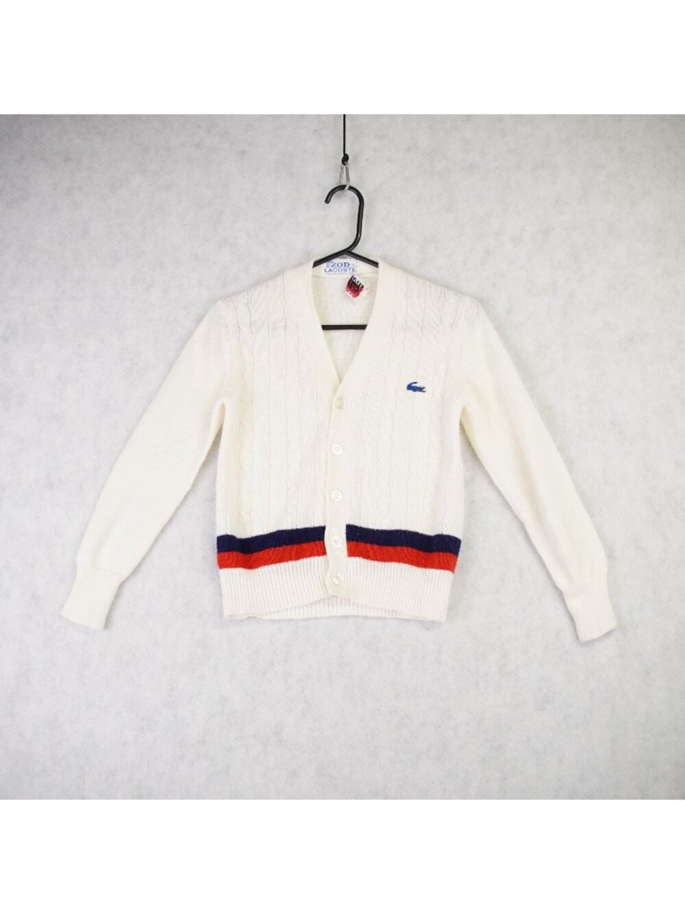 Vintage 80s Izod Lacoste Acrylic Knit V Neck Cardigan Sweater Girl 12 White